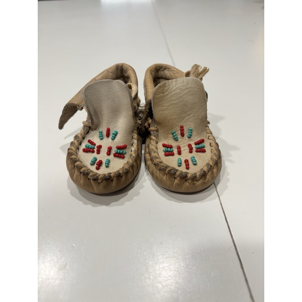 Vintage Handmade Beaded Leather Infant Baby Moccasins / Possible Doll Moccasins